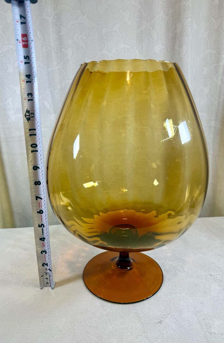 Vintage Mid-Century Empoli Italian Amber Optic Ribbed Glass Brandy Snifter Vase - Picture 3 of 6